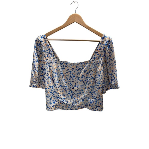 Favorite Daughter Top Women's Size XL Yellow Blue Floral Short Sleeve Zip Up - Picture 1 of 6